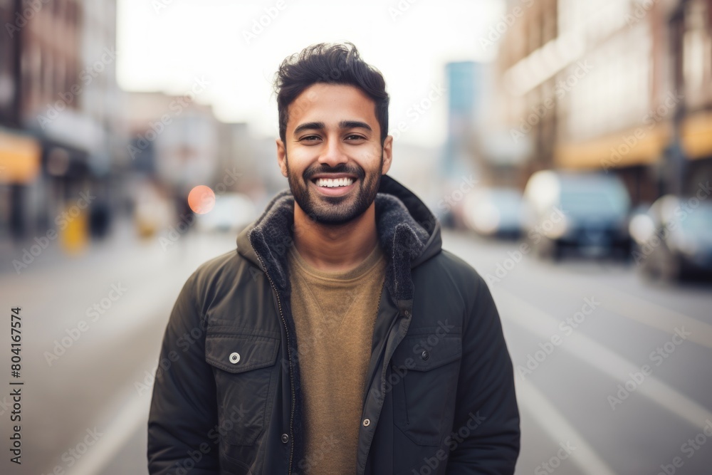 Naklejka premium Portrait of a smiling indian man in his 20s dressed in a comfy fleece pullover in busy airport terminal