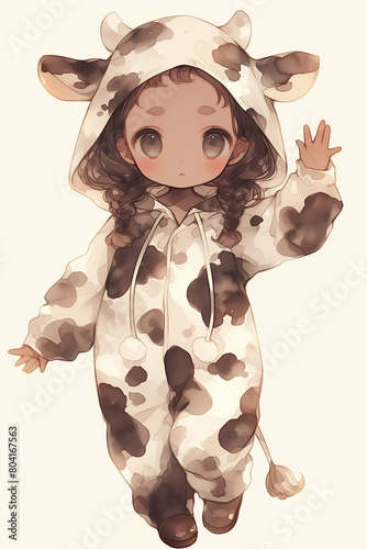 Illustration of a Cute Chibi Girl with Brown Skin in Cow Style Onesie Pajamas