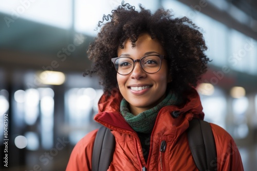 Portrait of a cheerful afro-american woman in her 30s wearing a lightweight packable anorak isolated on busy airport terminal photo