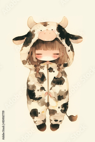 Illustration of a Cute Chibi Girl in Cow Style Onesie Pajamas