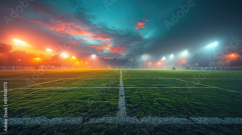 football stadium at night, illuminated by bright lights and spotlights photo