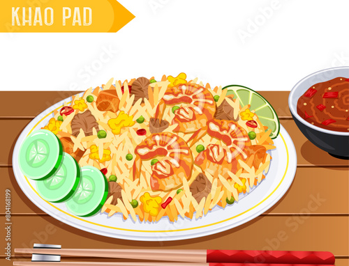 Thai Fried Rice Khao Pad with Chilli Condiment & Chopsticks on Wooden Table 