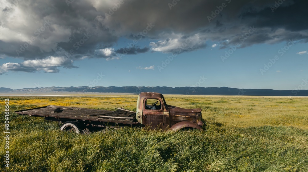 Fototapeta premium Abandoned rusted antique farm truck deserted on an old ranch. Carrizo National Monument, Santa Margarita, California, United States of America.