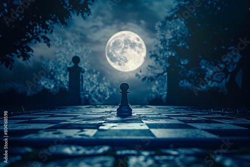 A solitary chessboard bathed in cool moonlight, with the pieces arranged in a perpetual stalemate, emphasizing strategic tension. photo