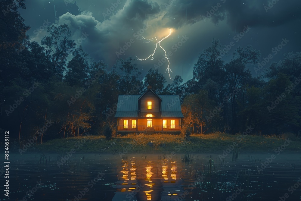 Fototapeta premium Lightning above a cozy cottage at night. Generative AI.