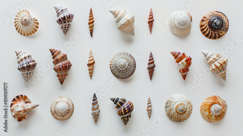 Many beautiful sea shells on white background top view