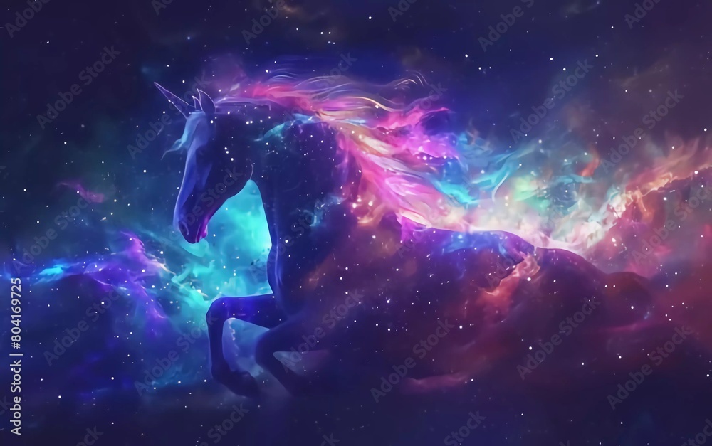 Fototapeta premium horse with colorful energy, digital art style, illustration painting with stars in front of the Milky Way galaxy