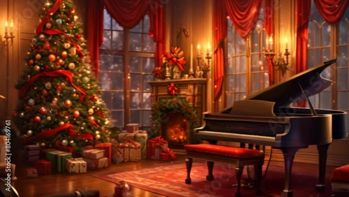 A festively decorated room with a grand piano bathed in warm light, evoking a glamorous Christmas night  celebration photo