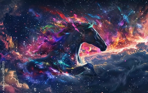 horse with colorful energy, digital art style, illustration painting with stars in front of the Milky Way galaxy © Harjo