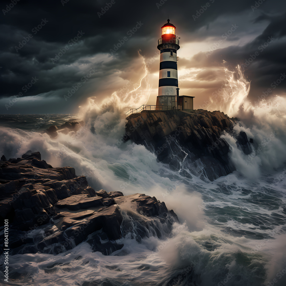Lighthouse on a rocky cliff during a storm. 