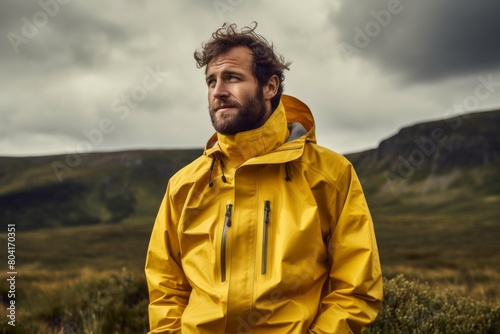 Portrait of a satisfied man in his 30s sporting a waterproof rain jacket isolated in quiet countryside landscape © CogniLens