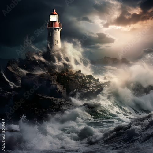 Lighthouse on a rocky cliff during a storm. 