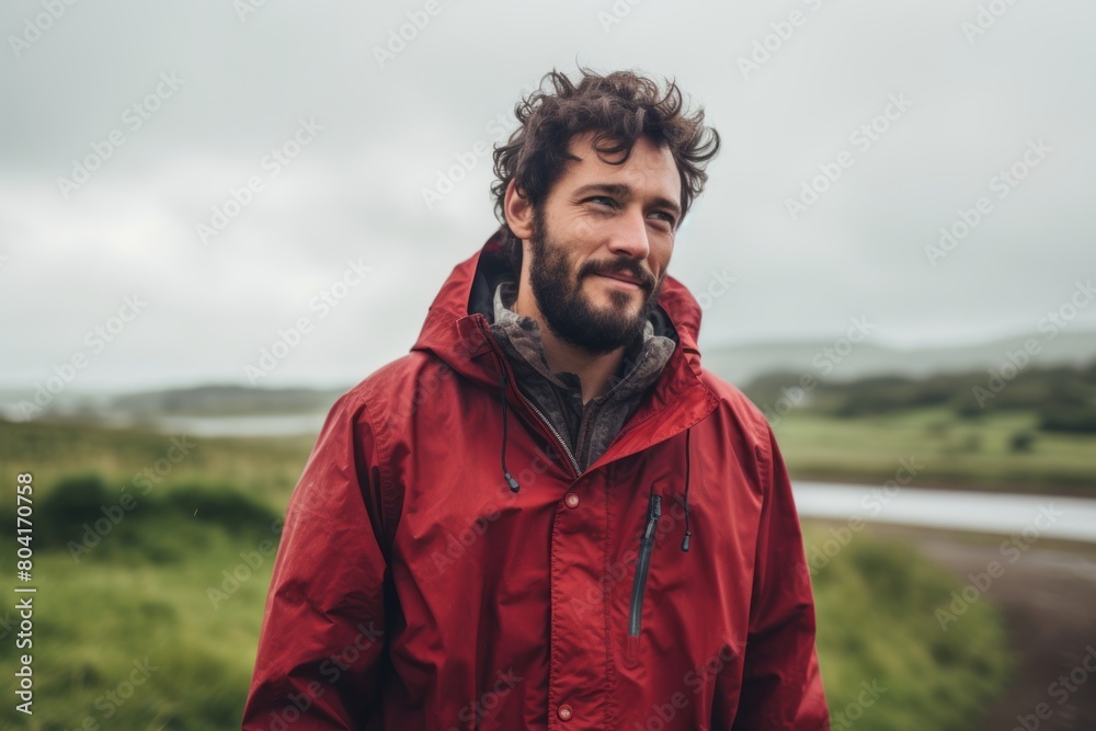 Portrait of a satisfied man in his 30s sporting a waterproof rain jacket while standing against quiet countryside landscape Portrait of a satisfied man in his 30s sporting a waterproof rain jacket while standing against quiet countryside landscape
