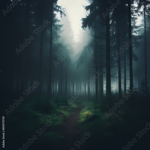 Moody forest scene with fog and mysterious shadows