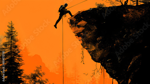 Climbing to  Free climbing on the mountain at red sky sunset background Silhouette of Asian man climbing rock. photo