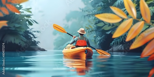 Kayaker Navigating Lush Tropical Waterway to Promote Water Conservation and Eco Tourism © Thares2020