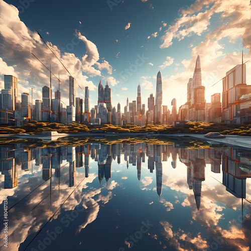 Parallel universe cityscape with mirrored buildings
