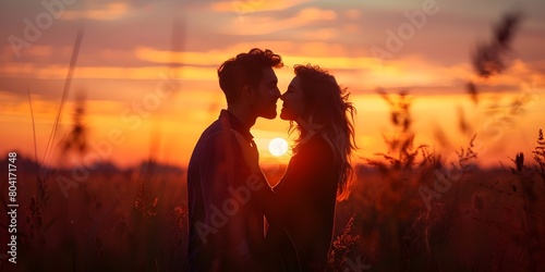 Couple Whispering Secrets at Enchanting Dawn in Serene Countryside Landscape photo