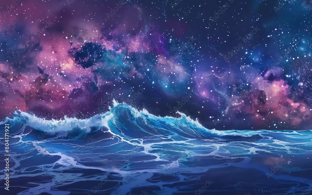 sea ​​with colorful energy, digital art style, illustration painting with stars in front of the Milky Way galaxy