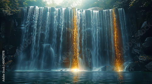 An enchanted waterfall  cascading water glowing with magical lights  mystical and serene. Generative AI.