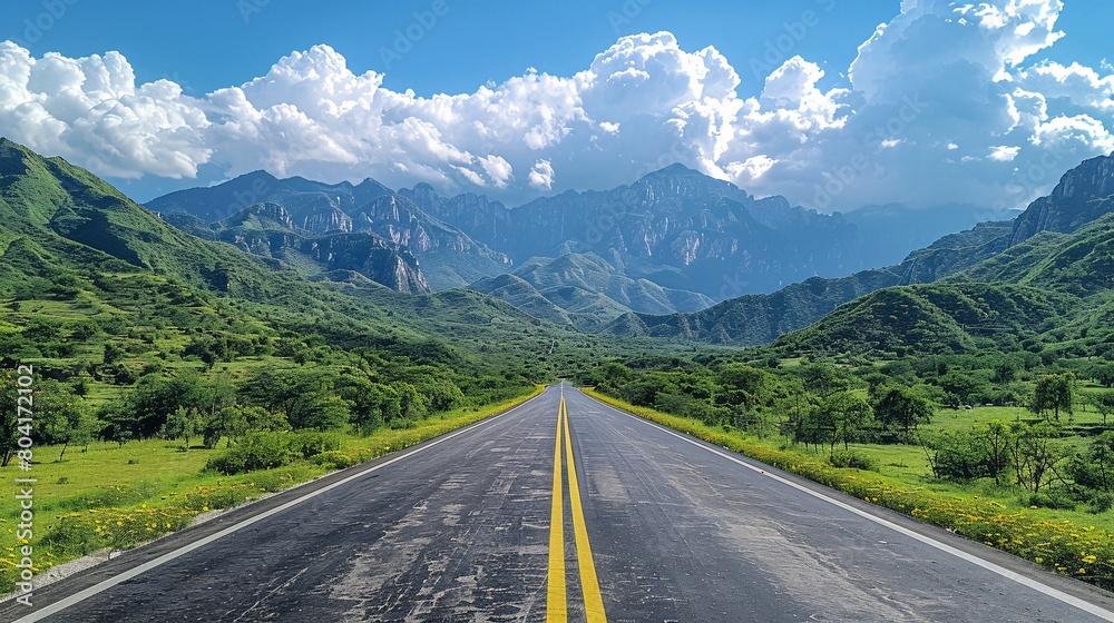 A paved road with lush hills and cloudy sky in the backdrop.