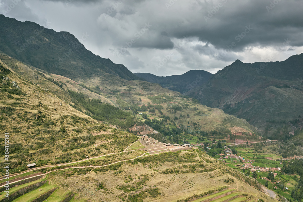 Incan villages on the hillside of a mountain in Peru