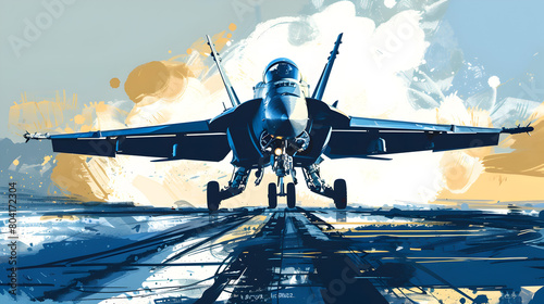 An illustration of a military jet taking off.


