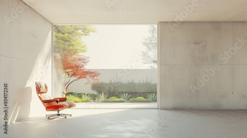 A minimalist interior showcases a single mid-century modern chair against stark white walls  with a large window framing a tranquil Zen garden  highlighting space  light  and form