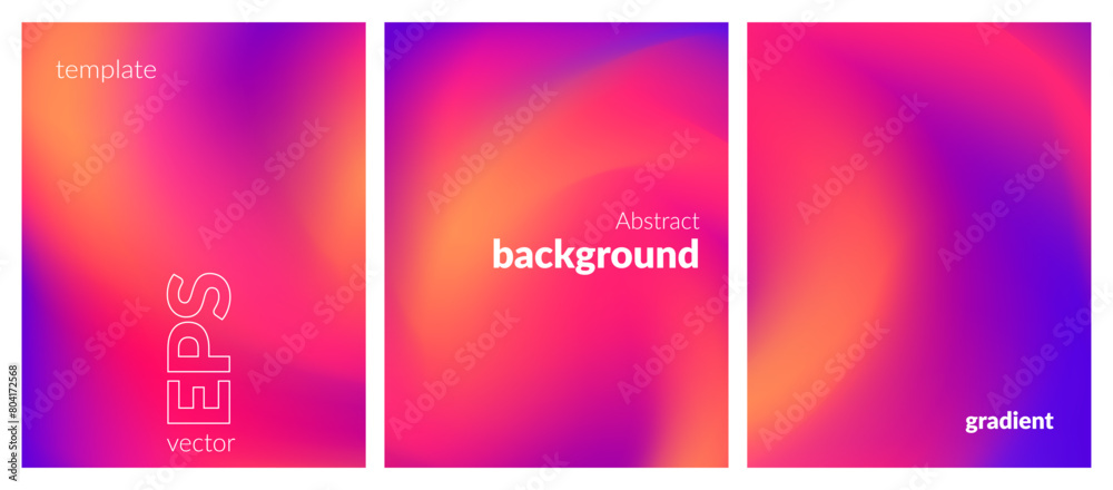 Abstract liquid background set. Gradient mesh. Intense bright color blend. Blurred fluid colorful mix. Modern design template for web covers, ad banners, posters, brochures, flyers. Vector image EPS