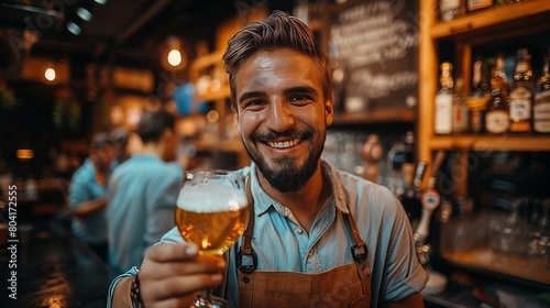 Young brewer wearing a leather apron is testing beer at a modern brewery photo