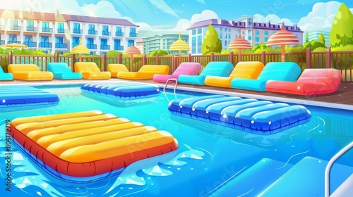 A cartoon flyer template with an inflatable mattress floating in water at a hotel recreational area. Summer holidays, vacation relax, Modern illustration. photo