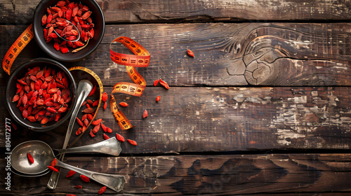 Measuring tape spoon and bowl with dried goji berries photo