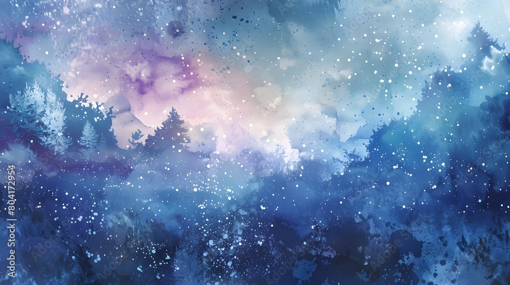 Enchanting Twilight Watercolor Landscape with Dancing Stars and Mystical Forest