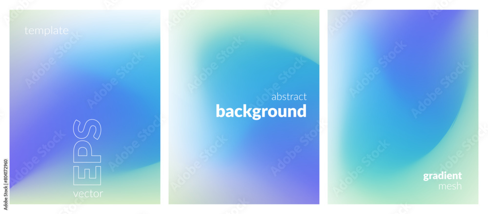 Abstract liquid background set. Gradient mesh. Blurred fluid texture. Blue green soft light color blend. Modern design template for web covers, ad banners, posters, brochures, flyers. Vector image EPS