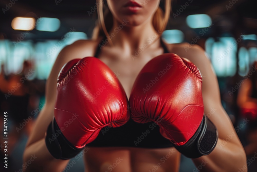 A female boxer in red boxing gloves at the gym.