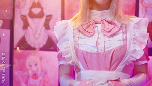Headless pink maid cosplayer surrounded with anime posters on art stand