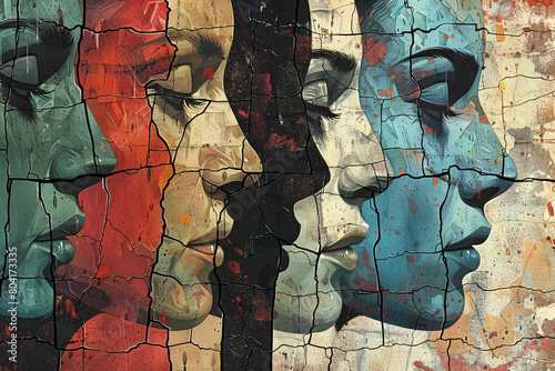 Dissociative personality disorder concept, illustration of a face broken or mirrored in different pieces, depicting the different personalities and ego-states within one person