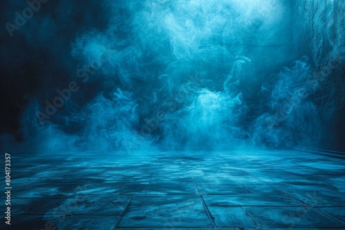 This image captures a spooky atmosphere with blue smoke swirling on tiled flooring, suggesting suspense or magic photo