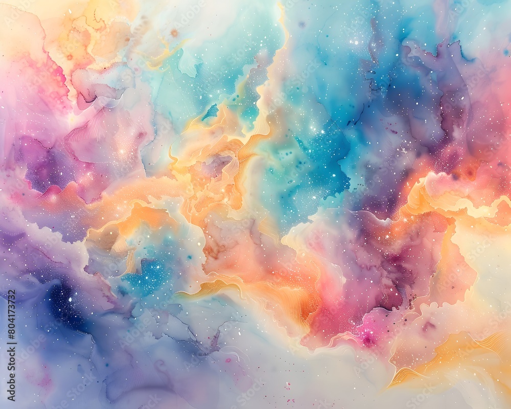 Enchanting Watercolor Universe with Colliding Dreamscapes and Sparkling Stars
