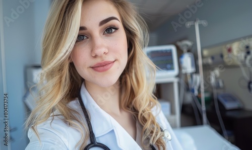 A young female doctor is ta...