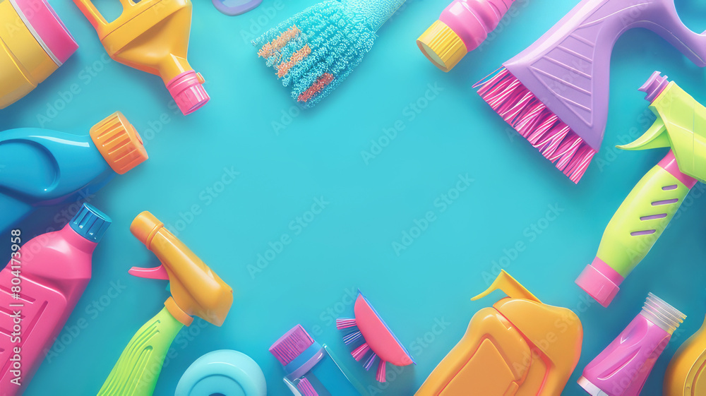 layout, top view, frame of cleaning items, in bright pastel colors, on a blue background with copy space. cleaning concept layout, top view, frame of cleaning items, in bright pastel colors, on a blue background with copy space. cleaning concept