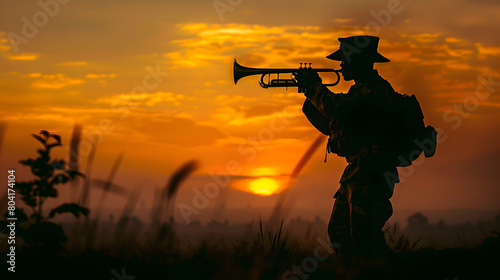 A silhouette of a soldier playing a bugle at dawn.