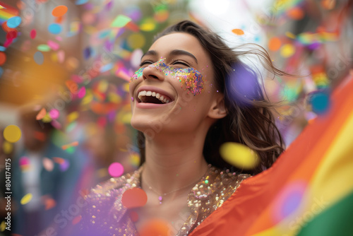 Happy woman at pride parade, holding rainbow flag with confetti flying around her.