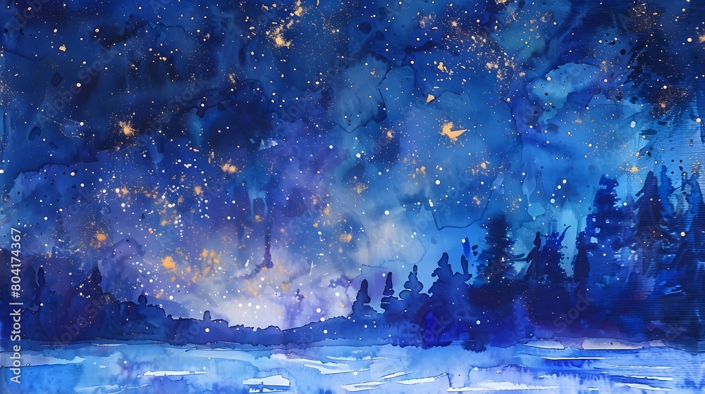 Ethereal Watercolor Landscape of Twinkling Starry Night Sky Reflected in Serene Lake