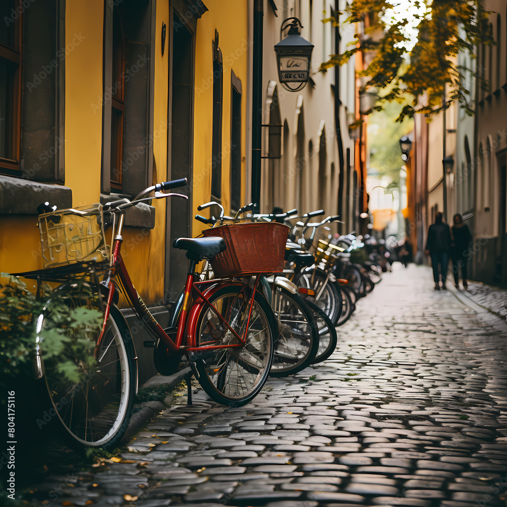 Vintage bicycles parked in a row on a cobblestone road