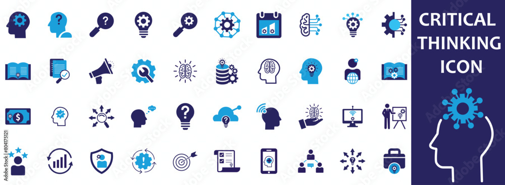 Critical thinking icon set. Containing think, problem-solving, analysis, reasoning, evaluation, experience, research, logic and listening icons. Solid icon collection
