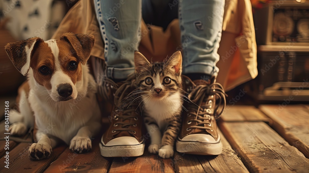 Happy Feet: Cats and dogs wearing comfortable shoes, ready for any adventure with their loving owners.