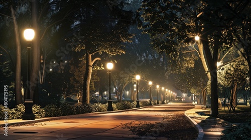 Illuminated Pathways: Streetlights casting a gentle glow, guiding pedestrians and vehicles safely through the night.