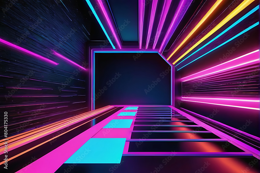 Geometric shapes and structures in vibrant neon colors and lights in cyberspace against a dark abstract illustration of the background 