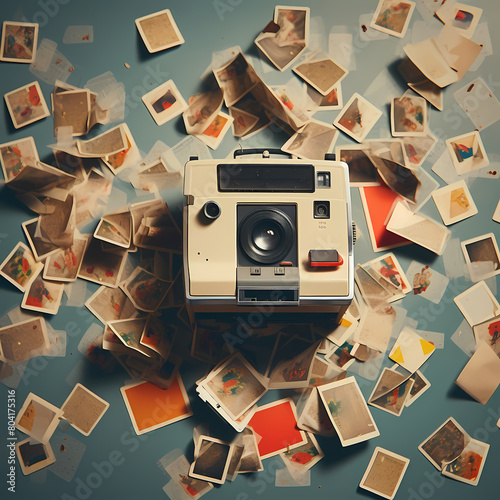 Vintage polaroid camera with instant photos scattered around